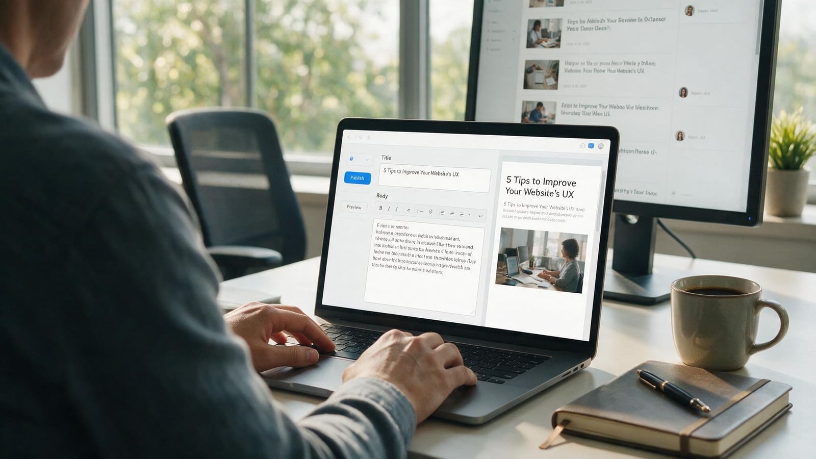 A marketing manager editing a CMS website on a laptop in Dubai, using a simple content editor with a live preview so they can edit the website themselves without code